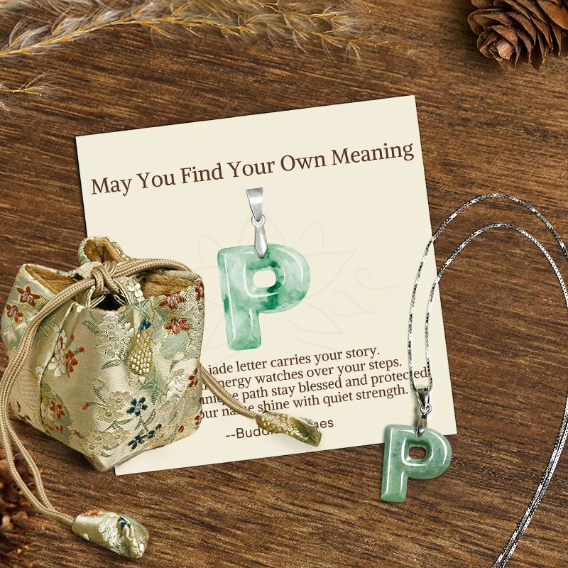 "May You Find Your Own Meaning" Natural A-Z Letter Jade Titanium Steel Chain Necklace Includes Gift Message Card