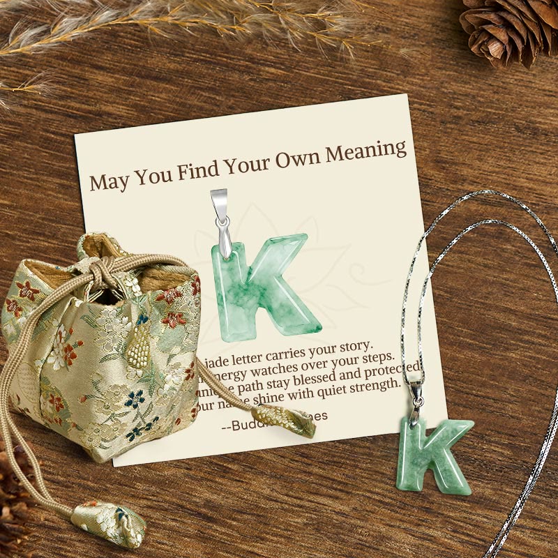 "May You Find Your Own Meaning" Natural A-Z Letter Jade 925 Sterling Silver Chain Necklace Includes Gift Message Card