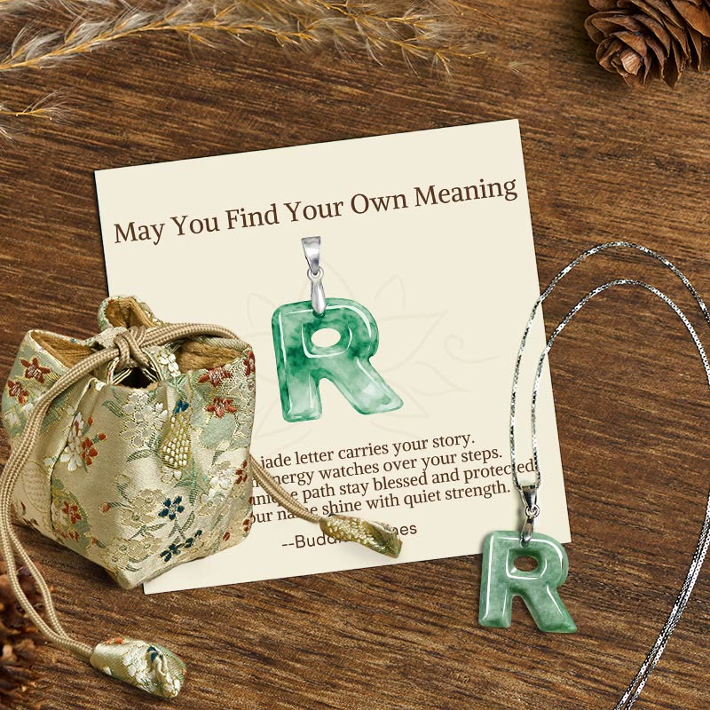 "May You Find Your Own Meaning" Natural A-Z Letter Jade 925 Sterling Silver Chain Necklace Includes Gift Message Card