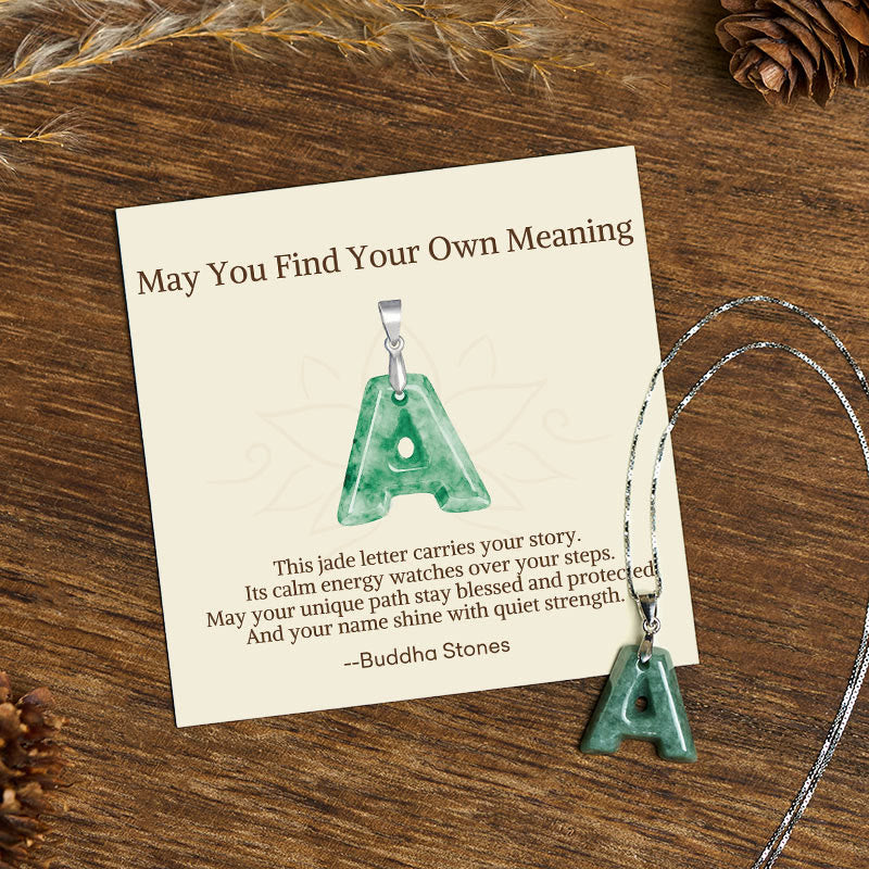 "May You Find Your Own Meaning" Natural A-Z Letter Jade 925 Sterling Silver Chain Necklace Includes Gift Message Card