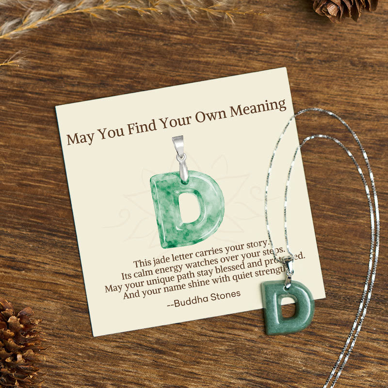 "May You Find Your Own Meaning" Natural A-Z Letter Jade 925 Sterling Silver Chain Necklace Includes Gift Message Card
