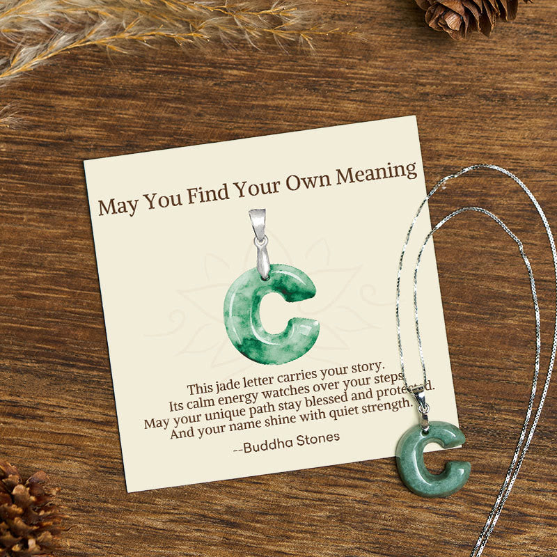 "May You Find Your Own Meaning" Natural A-Z Letter Jade Titanium Steel Chain Necklace Includes Gift Message Card