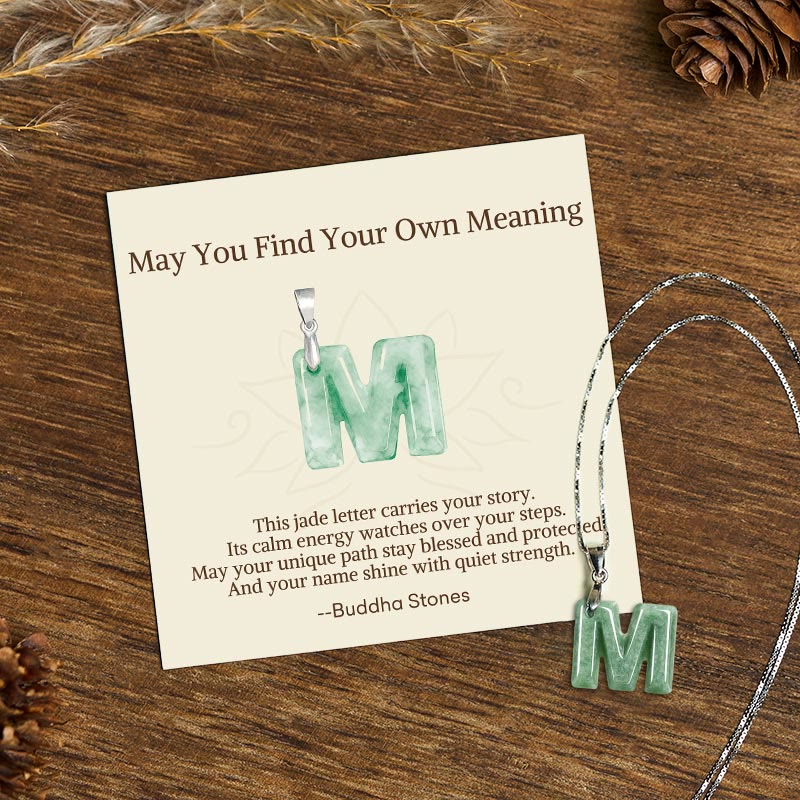 "May You Find Your Own Meaning" Natural A-Z Letter Jade 925 Sterling Silver Chain Necklace Includes Gift Message Card