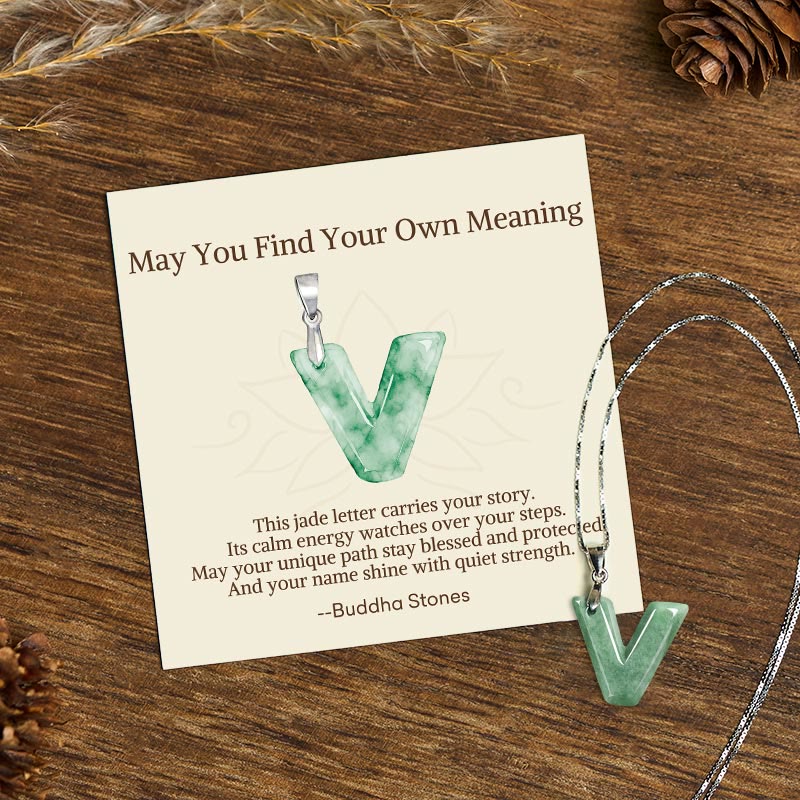 "May You Find Your Own Meaning" Natural A-Z Letter Jade 925 Sterling Silver Chain Necklace Includes Gift Message Card