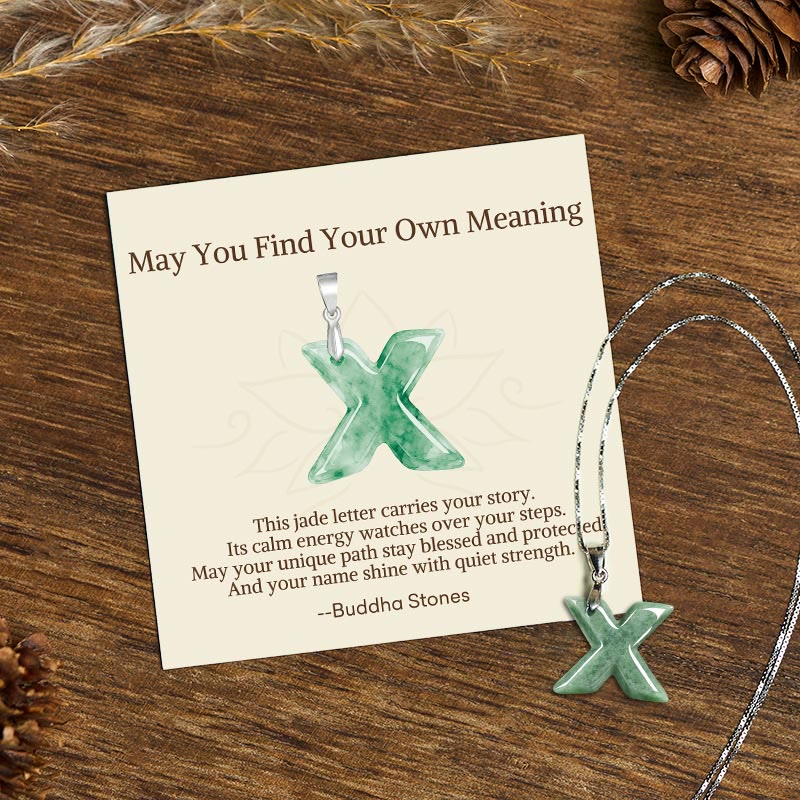 "May You Find Your Own Meaning" Natural A-Z Letter Jade 925 Sterling Silver Chain Necklace Includes Gift Message Card