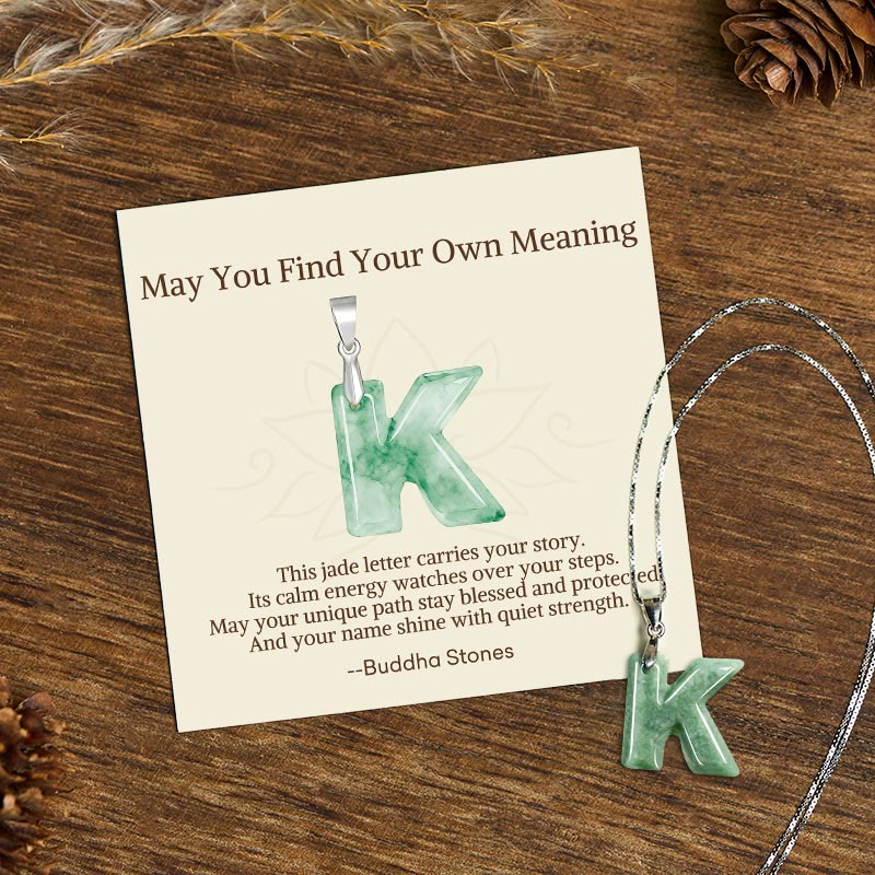 "May You Find Your Own Meaning" Natural A-Z Letter Jade Titanium Steel Chain Necklace Includes Gift Message Card