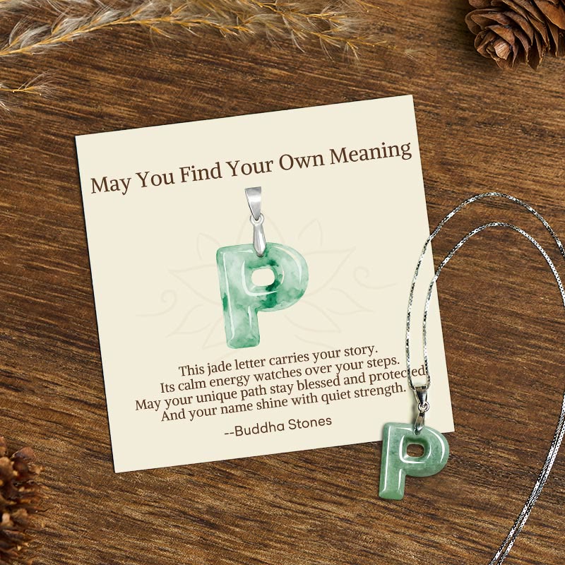 "May You Find Your Own Meaning" Natural A-Z Letter Jade 925 Sterling Silver Chain Necklace Includes Gift Message Card