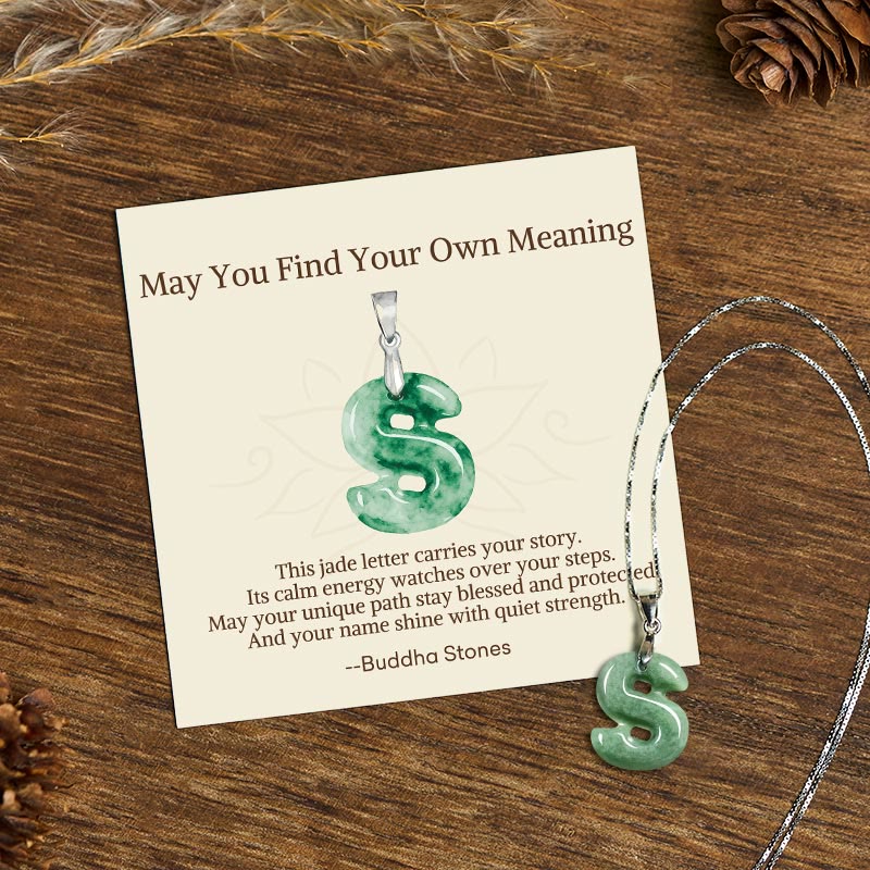 "May You Find Your Own Meaning" Natural A-Z Letter Jade 925 Sterling Silver Chain Necklace Includes Gift Message Card