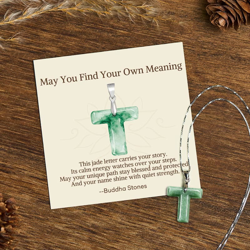 "May You Find Your Own Meaning" Natural A-Z Letter Jade 925 Sterling Silver Chain Necklace Includes Gift Message Card
