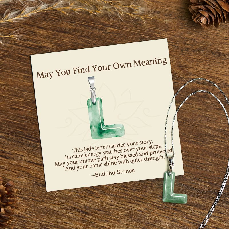 "May You Find Your Own Meaning" Natural A-Z Letter Jade Titanium Steel Chain Necklace Includes Gift Message Card
