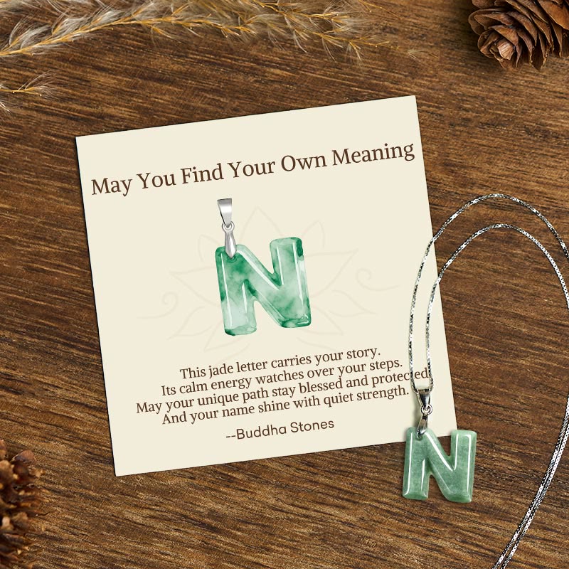 "May You Find Your Own Meaning" Natural A-Z Letter Jade 925 Sterling Silver Chain Necklace Includes Gift Message Card