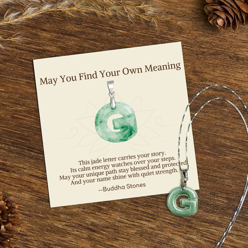 "May You Find Your Own Meaning" Natural A-Z Letter Jade 925 Sterling Silver Chain Necklace Includes Gift Message Card