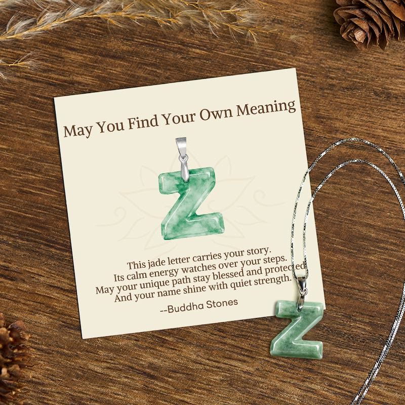 "May You Find Your Own Meaning" Natural A-Z Letter Jade Titanium Steel Chain Necklace Includes Gift Message Card