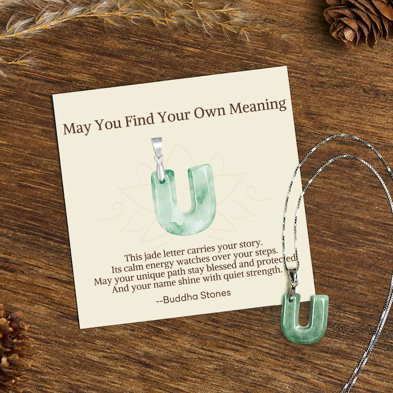 "May You Find Your Own Meaning" Natural A-Z Letter Jade Titanium Steel Chain Necklace Includes Gift Message Card
