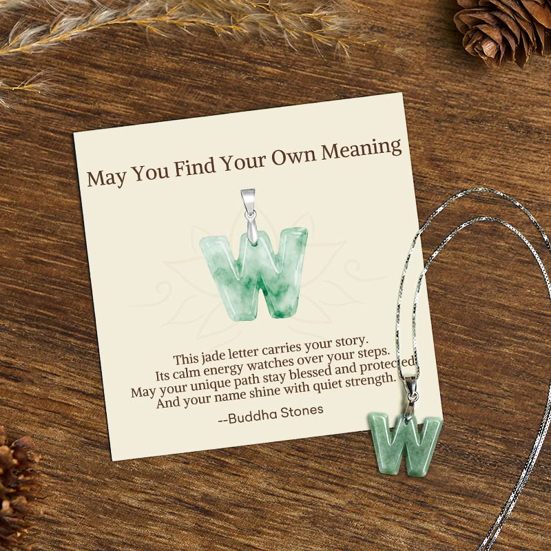 "May You Find Your Own Meaning" Natural A-Z Letter Jade 925 Sterling Silver Chain Necklace Includes Gift Message Card