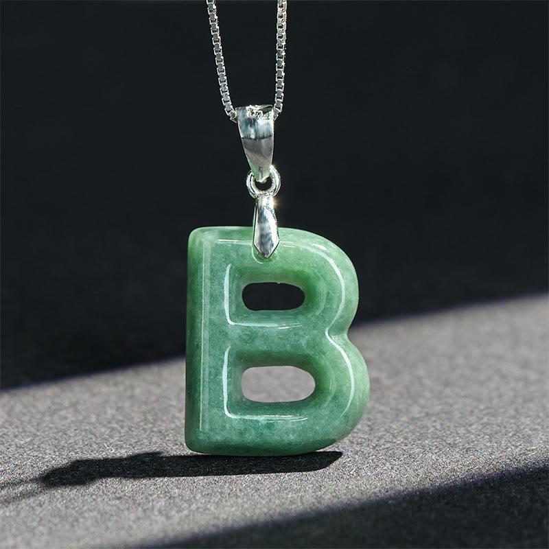 Natural A-Z Letter Jade 925 Sterling Silver Silm Chain Prosperity Necklace Pendant
