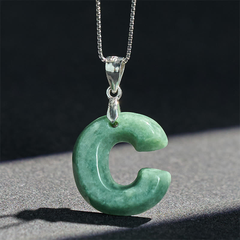 Natural A-Z Letter Jade 925 Sterling Silver Silm Chain Prosperity Necklace Pendant
