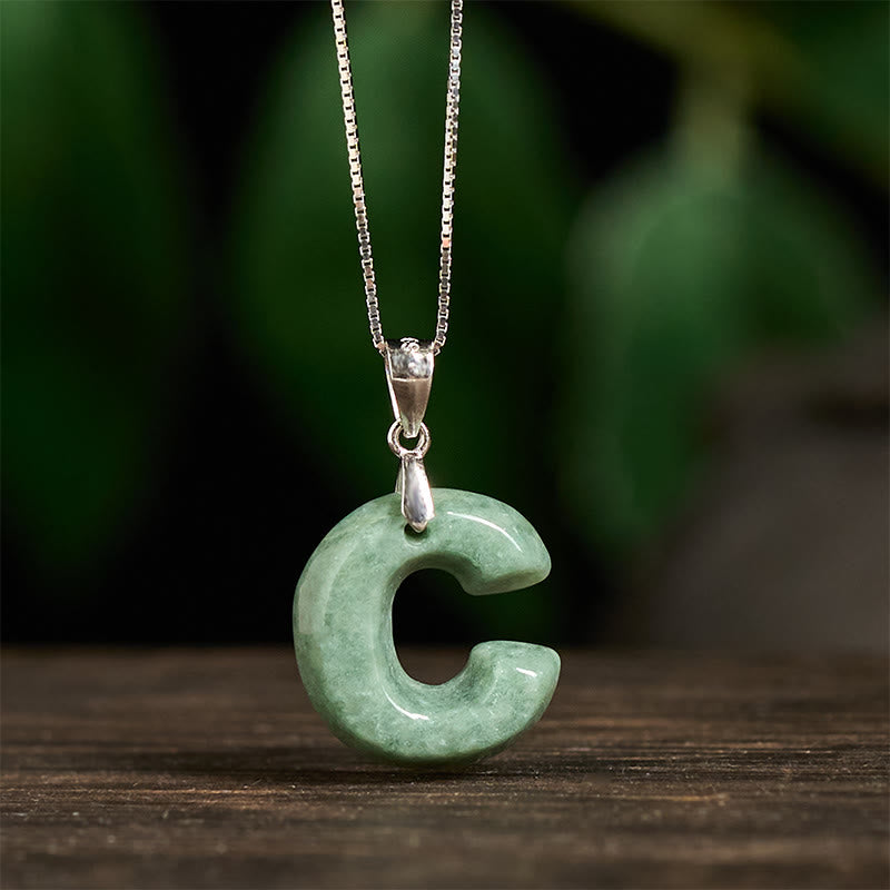 Natural A-Z Letter Jade 925 Sterling Silver Silm Chain Prosperity Necklace Pendant