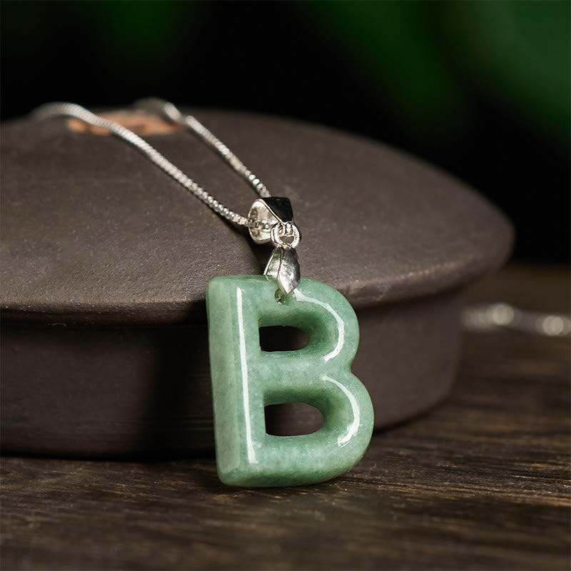 Natural A-Z Letter Jade 925 Sterling Silver Silm Chain Prosperity Necklace Pendant