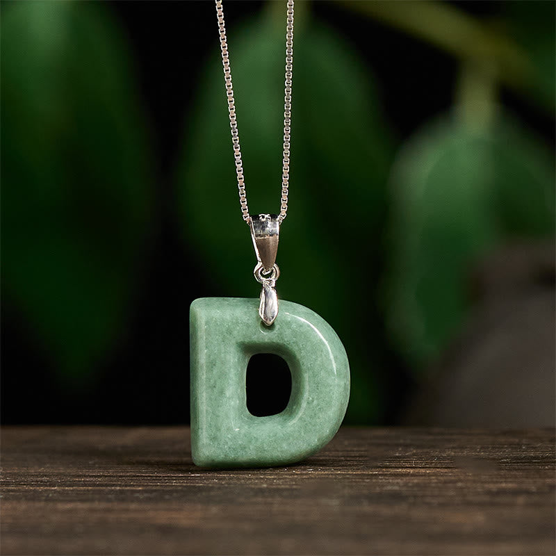 Natural A-Z Letter Jade 925 Sterling Silver Silm Chain Prosperity Necklace Pendant