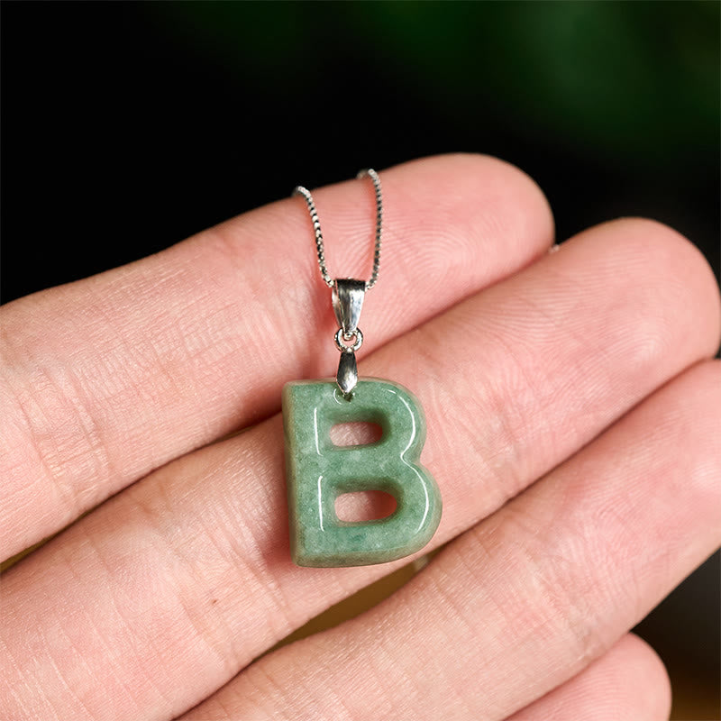 Natural A-Z Letter Jade 925 Sterling Silver Silm Chain Prosperity Necklace Pendant