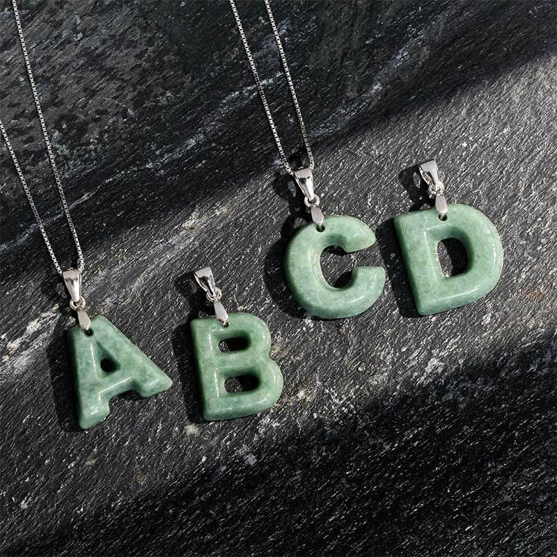 Natural A-Z Letter Jade 925 Sterling Silver Silm Chain Prosperity Necklace Pendant