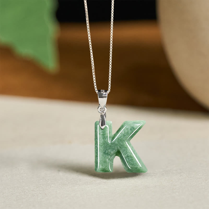 Natural A-Z Letter Jade 925 Sterling Silver Silm Chain Prosperity Necklace Pendant