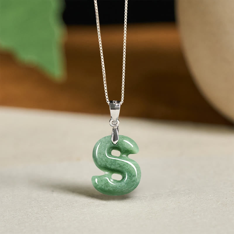 Natural A-Z Letter Jade 925 Sterling Silver Silm Chain Prosperity Necklace Pendant