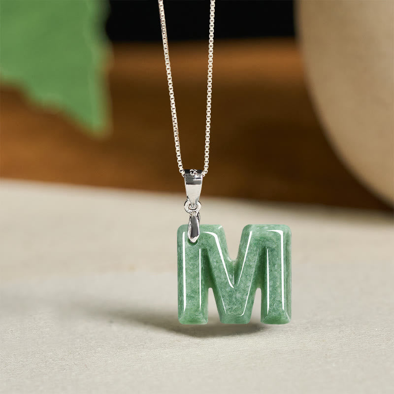 Natural A-Z Letter Jade 925 Sterling Silver Silm Chain Prosperity Necklace Pendant