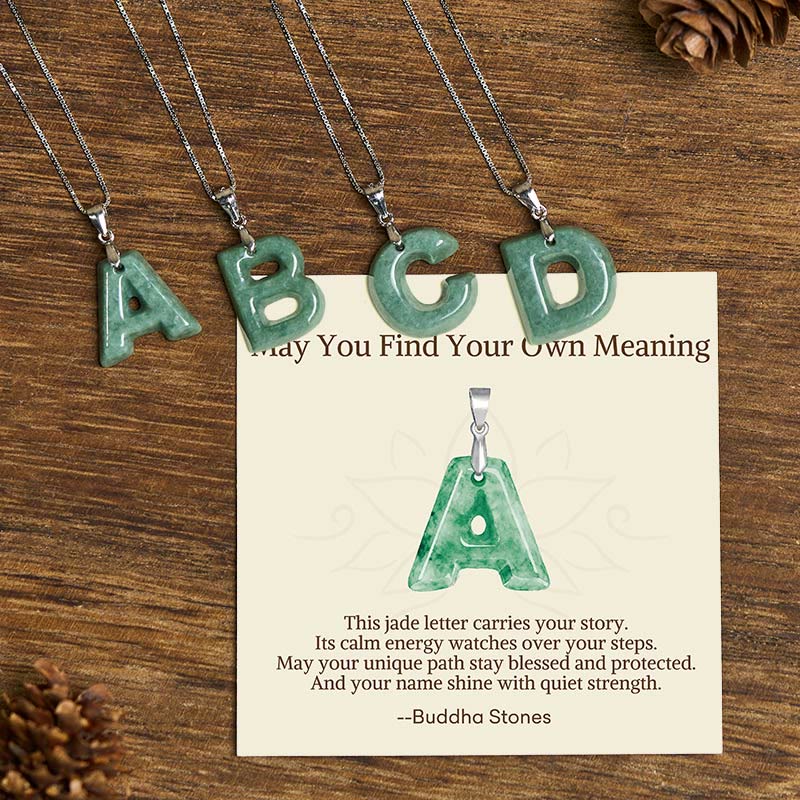 "May You Find Your Own Meaning" Natural A-Z Letter Jade 925 Sterling Silver Chain Necklace Includes Gift Message Card