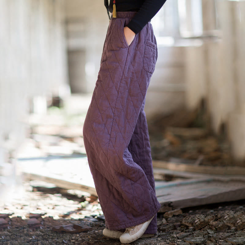 Solid Color Thick Cotton Women's Wide Leg Pants With Pockets