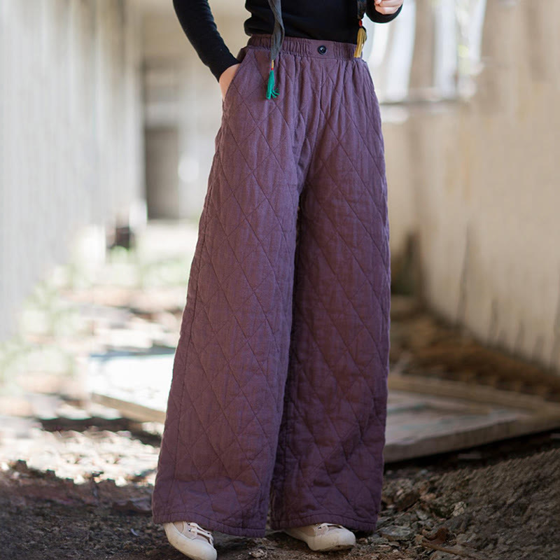 Solid Color Thick Cotton Women's Wide Leg Pants With Pockets