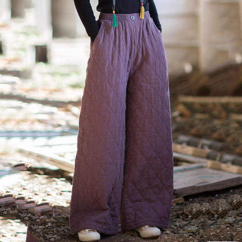 Solid Color Thick Cotton Women's Wide Leg Pants With Pockets