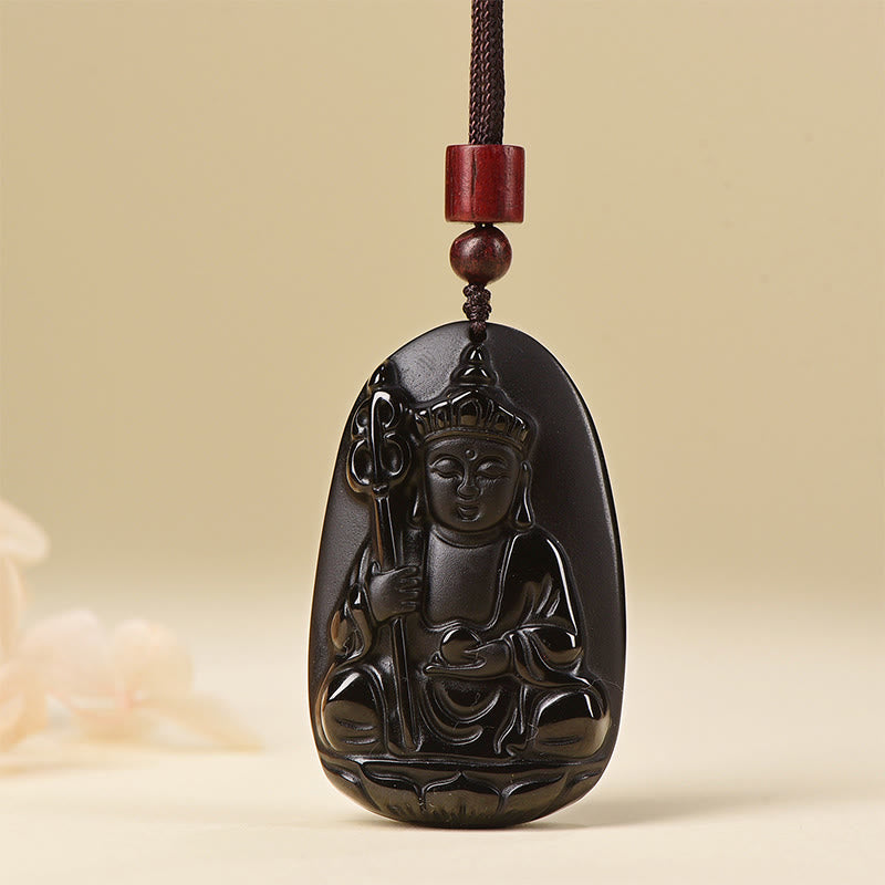 Ksitigarbha Buddha Pattern Black Obsidian Fulfilment Necklace Pendant