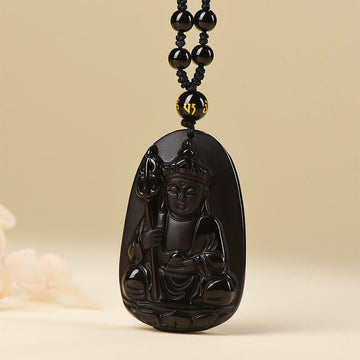 Ksitigarbha Buddha Pattern Black Obsidian Fulfilment Necklace Pendant