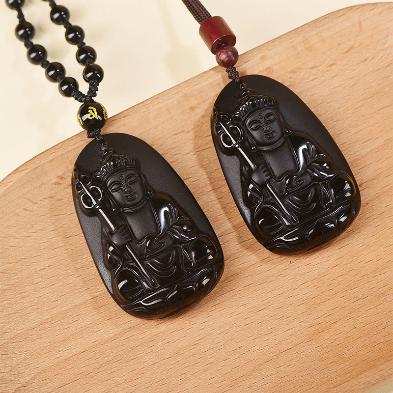 Ksitigarbha Buddha Pattern Black Obsidian Fulfilment Necklace Pendant