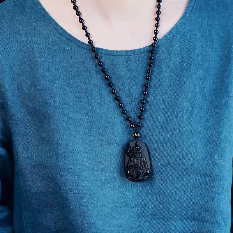 Ksitigarbha Buddha Pattern Black Obsidian Fulfilment Necklace Pendant