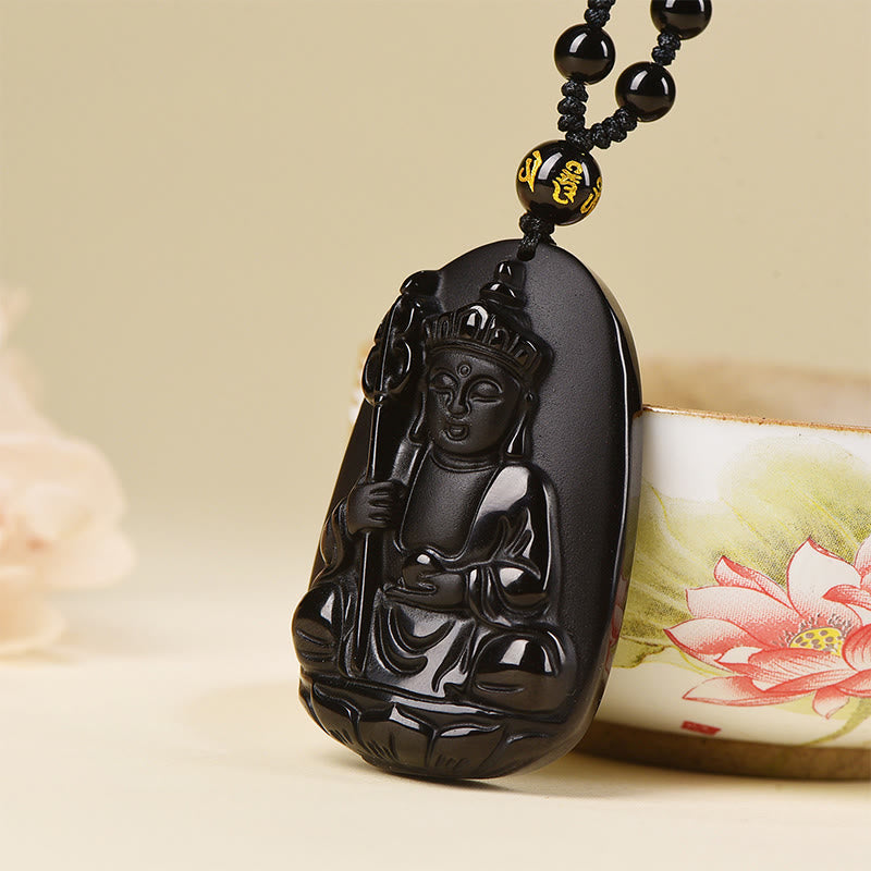 Ksitigarbha Buddha Pattern Black Obsidian Fulfilment Necklace Pendant