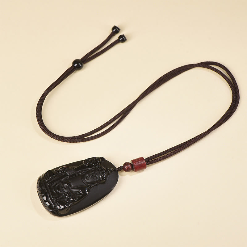 Ksitigarbha Buddha Pattern Black Obsidian Fulfilment Necklace Pendant