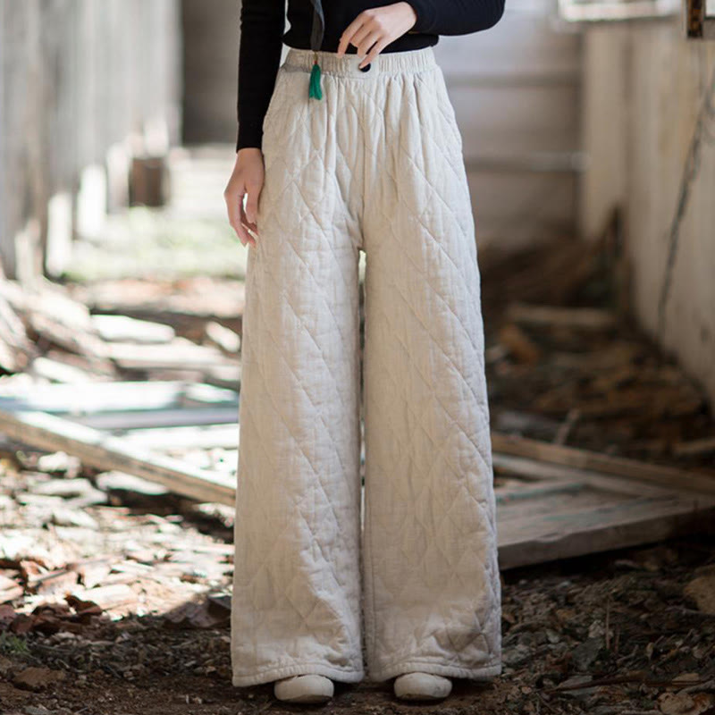 Solid Color Thick Cotton Women's Wide Leg Pants With Pockets