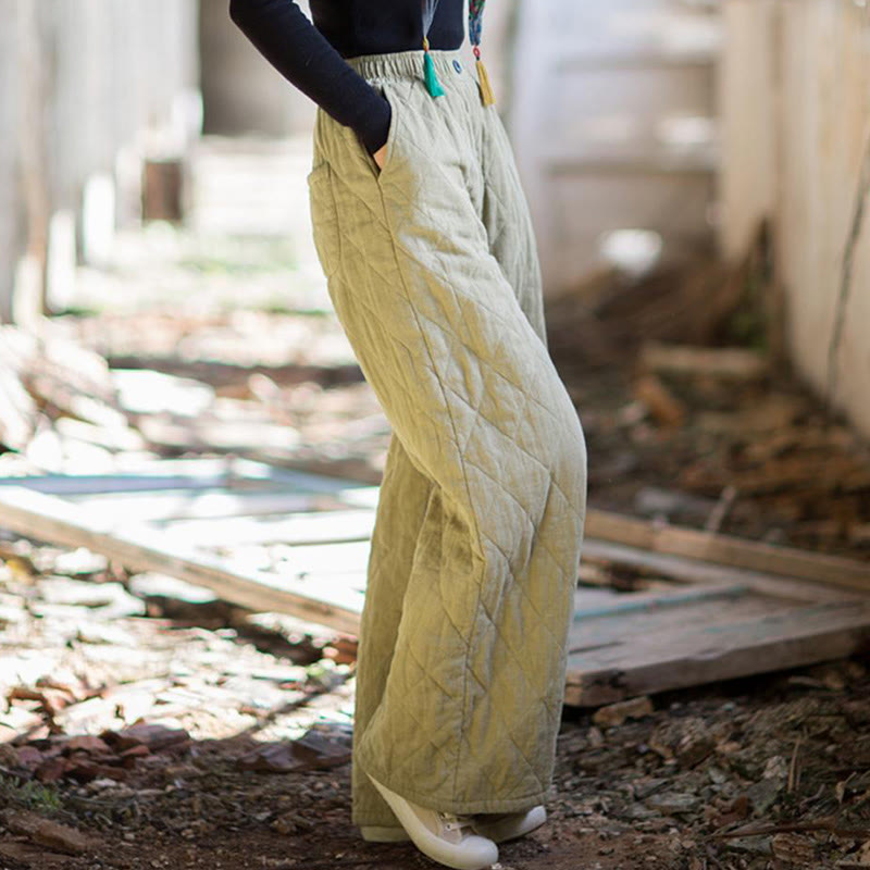 Solid Color Thick Cotton Women's Wide Leg Pants With Pockets