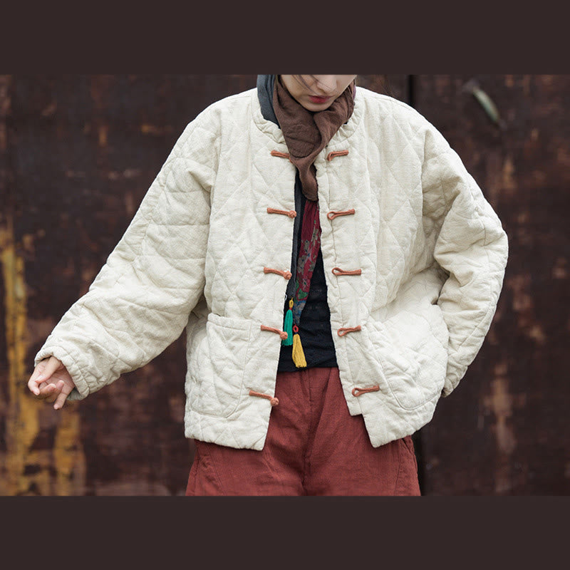 Winter Frog-Button Lines Open Front Cotton Long Sleeve Women's Thermal Jacket With Pockets