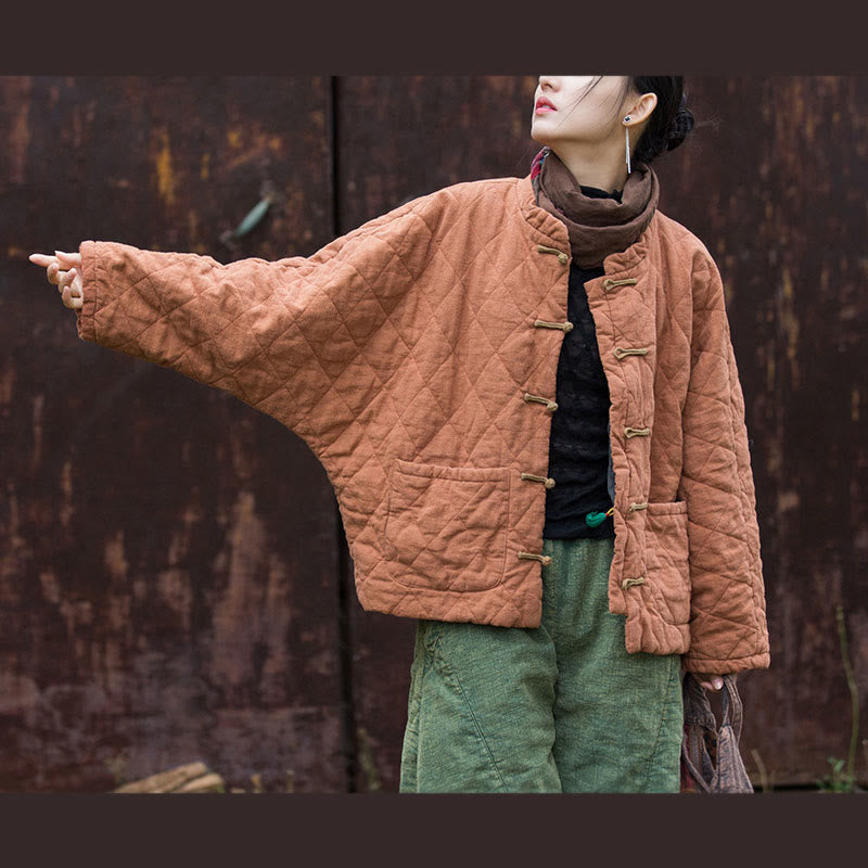 Winter Frog-Button Lines Open Front Cotton Long Sleeve Women's Thermal Jacket With Pockets