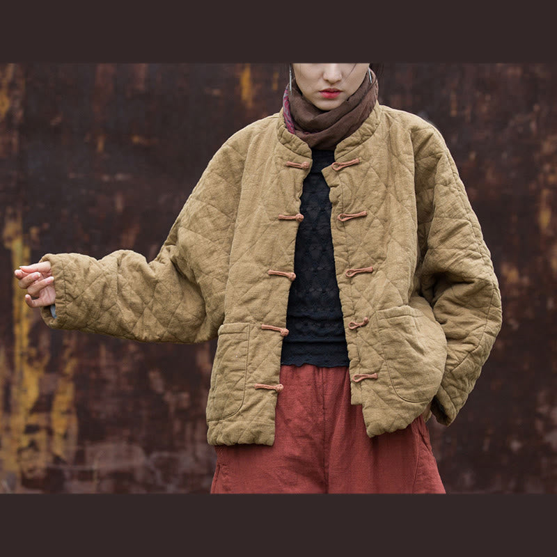 Winter Frog-Button Lines Open Front Cotton Long Sleeve Women's Thermal Jacket With Pockets