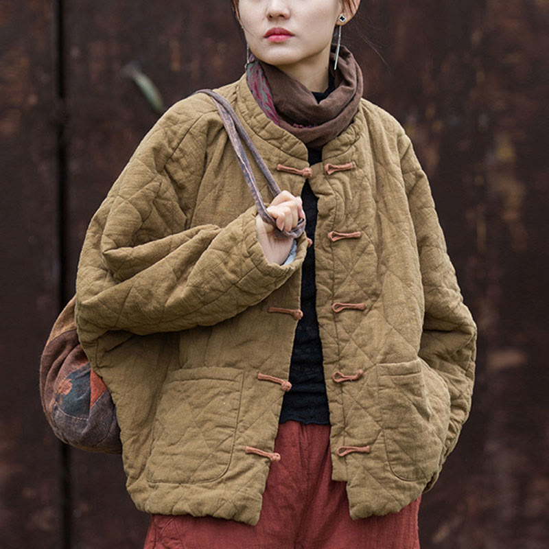 Winter Frog-Button Lines Open Front Cotton Long Sleeve Women's Thermal Jacket With Pockets