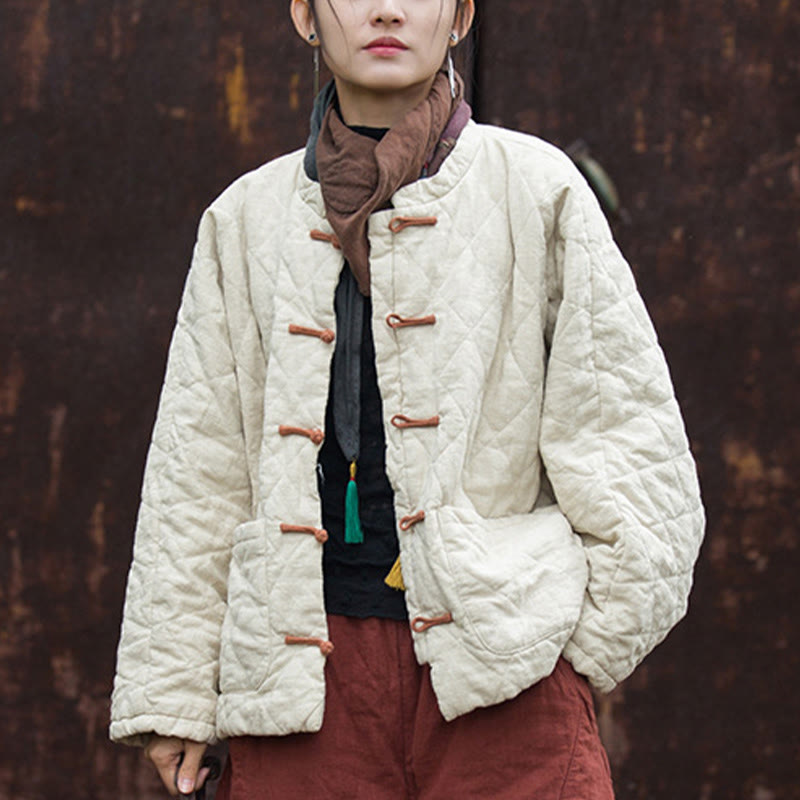 Winter Frog-Button Lines Open Front Cotton Long Sleeve Women's Thermal Jacket With Pockets