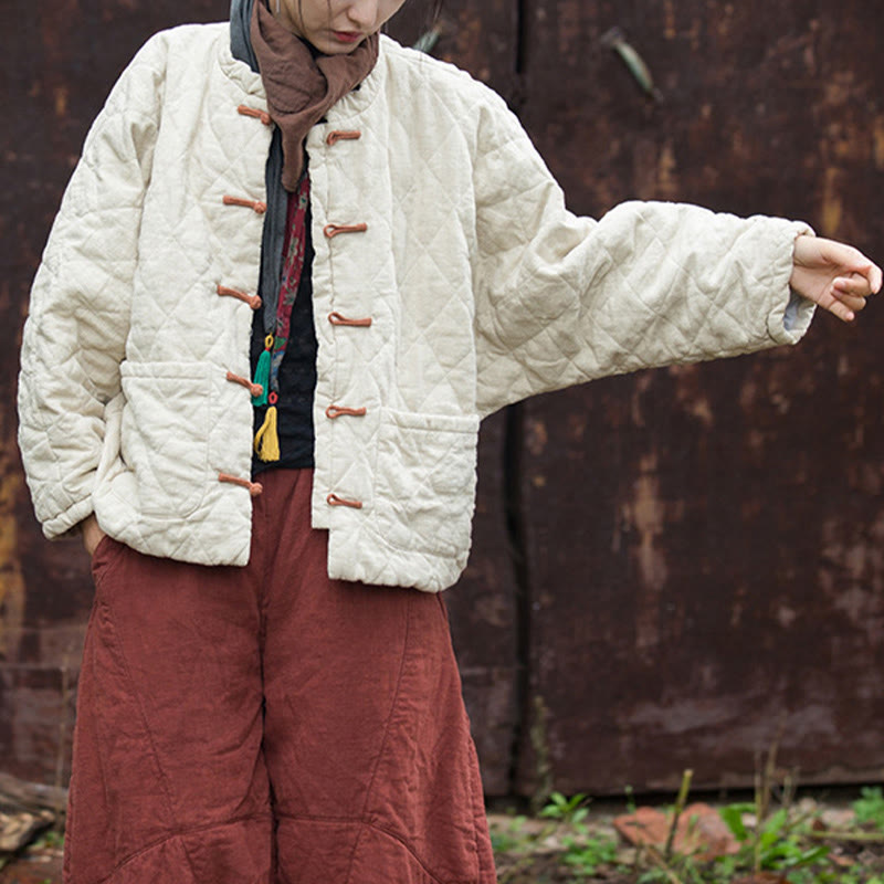 Winter Frog-Button Lines Open Front Cotton Long Sleeve Women's Thermal Jacket With Pockets