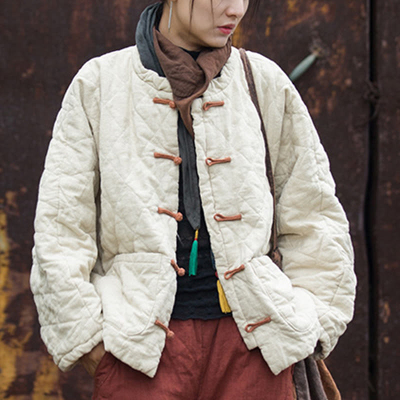 Winter Frog-Button Lines Open Front Cotton Long Sleeve Women's Thermal Jacket With Pockets