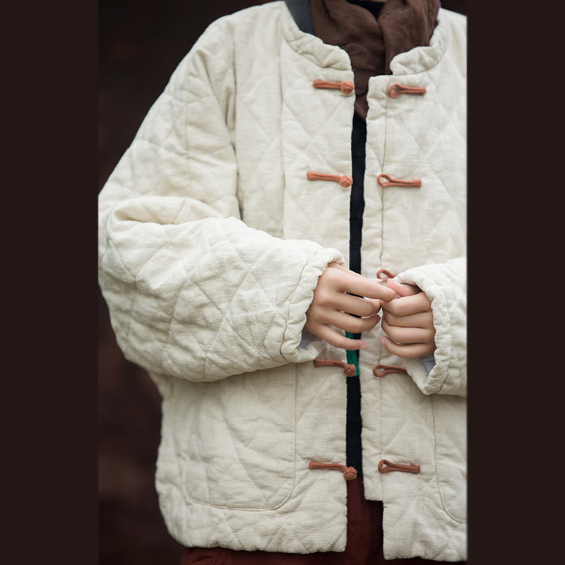 Winter Frog-Button Lines Open Front Cotton Long Sleeve Women's Thermal Jacket With Pockets