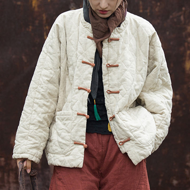 Winter Frog-Button Lines Open Front Cotton Long Sleeve Women's Thermal Jacket With Pockets